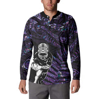 New Zealand Maori Rugby Personalised Button Sweatshirt Ta Moko Silver Fern - Paua Purple LT7 - Polynesian Pride