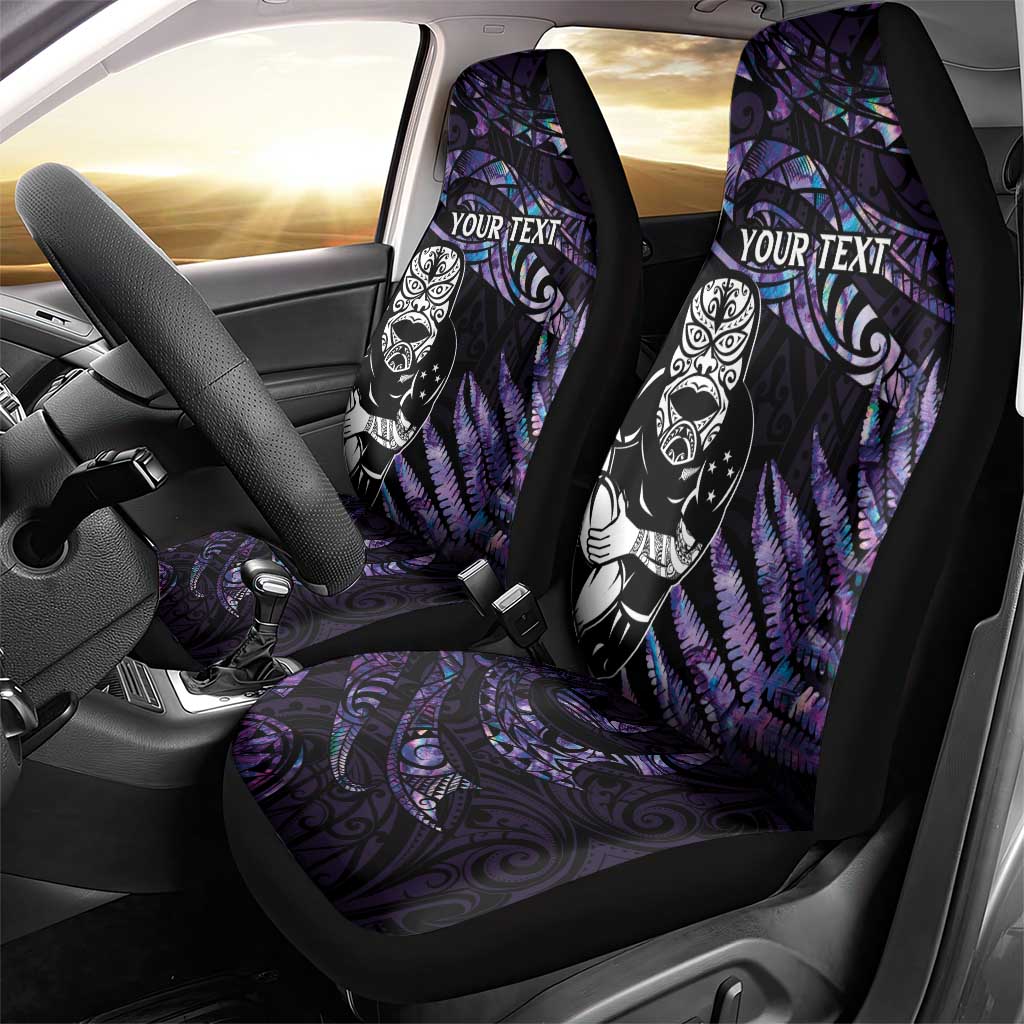 New Zealand Maori Rugby Personalised Car Seat Cover Ta Moko Silver Fern - Paua Purple LT7 - Polynesian Pride