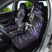 New Zealand Maori Rugby Personalised Car Seat Cover Ta Moko Silver Fern - Paua Purple LT7 - Polynesian Pride
