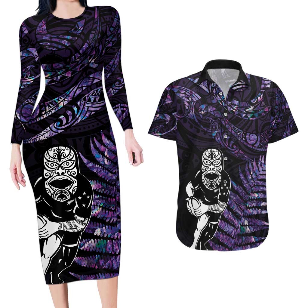 New Zealand Maori Rugby Personalised Couples Matching Long Sleeve Bodycon Dress and Hawaiian Shirt Ta Moko Silver Fern - Paua Purple LT7 Purple - Polynesian Pride
