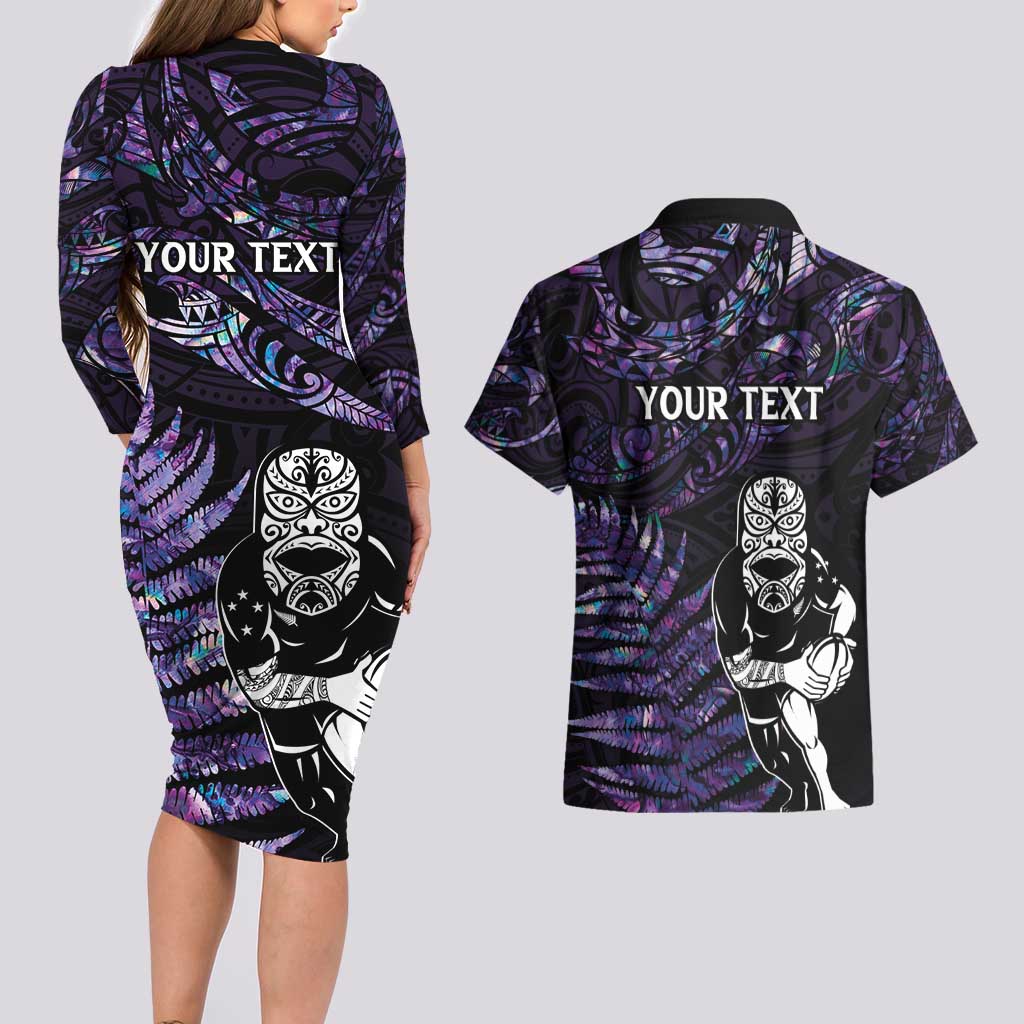 New Zealand Maori Rugby Personalised Couples Matching Long Sleeve Bodycon Dress and Hawaiian Shirt Ta Moko Silver Fern - Paua Purple LT7 - Polynesian Pride