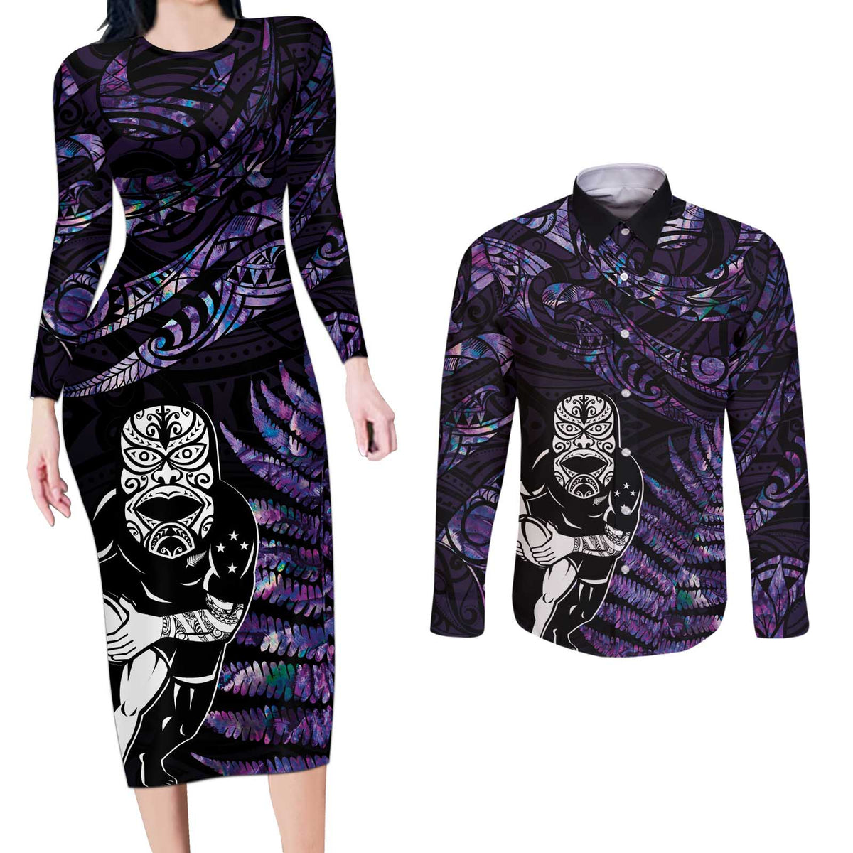 New Zealand Maori Rugby Personalised Couples Matching Long Sleeve Bodycon Dress and Long Sleeve Button Shirt Ta Moko Silver Fern - Paua Purple LT7 Purple - Polynesian Pride