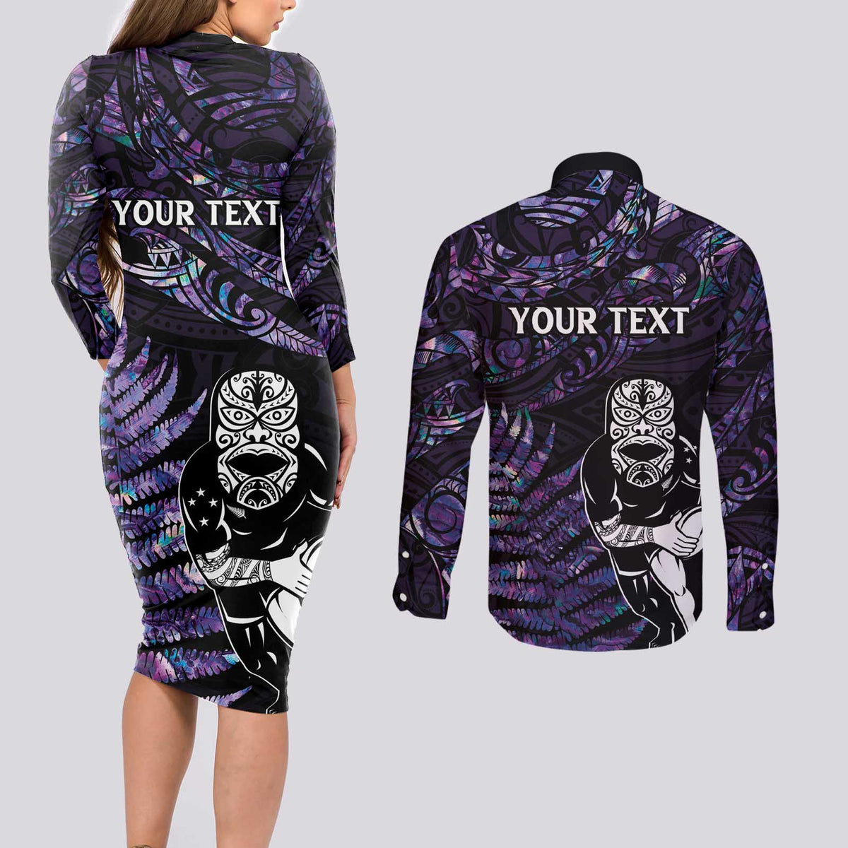 New Zealand Maori Rugby Personalised Couples Matching Long Sleeve Bodycon Dress and Long Sleeve Button Shirt Ta Moko Silver Fern - Paua Purple LT7 - Polynesian Pride