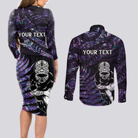 New Zealand Maori Rugby Personalised Couples Matching Long Sleeve Bodycon Dress and Long Sleeve Button Shirt Ta Moko Silver Fern - Paua Purple LT7 - Polynesian Pride