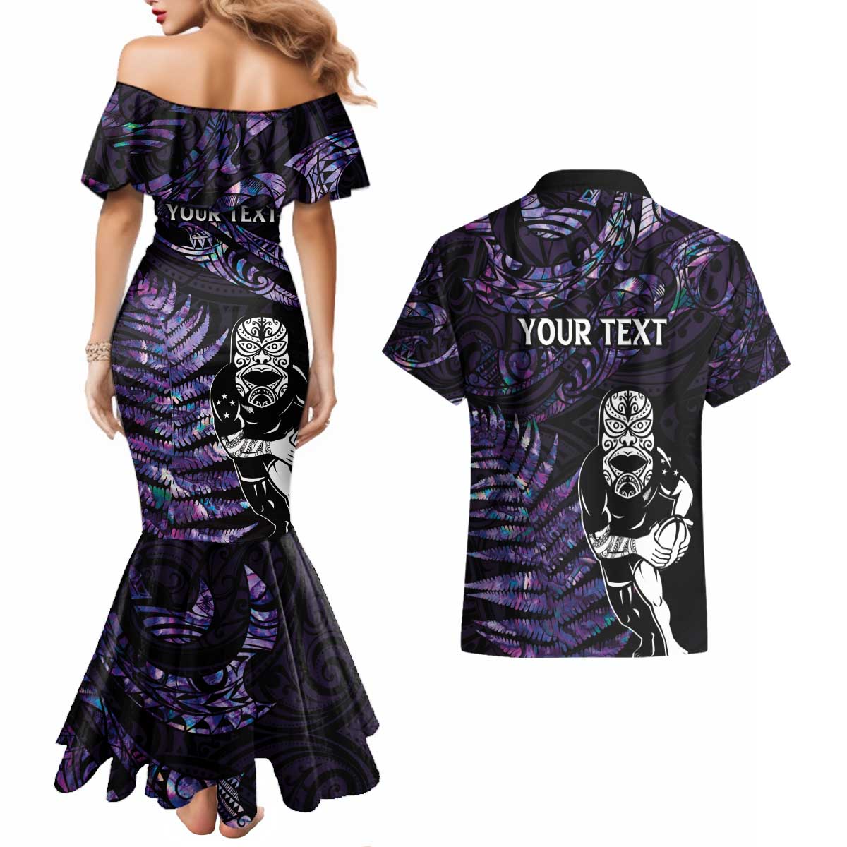 New Zealand Maori Rugby Personalised Couples Matching Mermaid Dress and Hawaiian Shirt Ta Moko Silver Fern - Paua Purple LT7 - Polynesian Pride