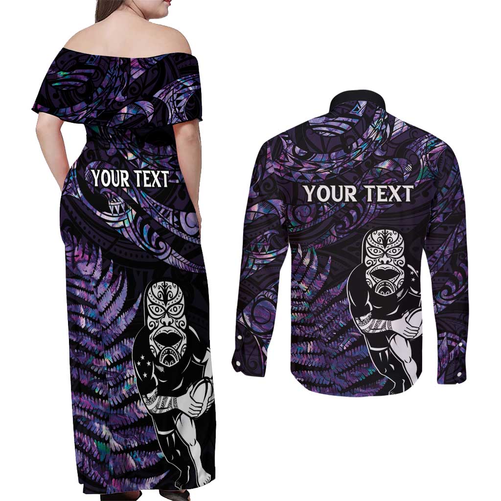 New Zealand Maori Rugby Personalised Couples Matching Off Shoulder Maxi Dress and Long Sleeve Button Shirt Ta Moko Silver Fern - Paua Purple LT7 - Polynesian Pride