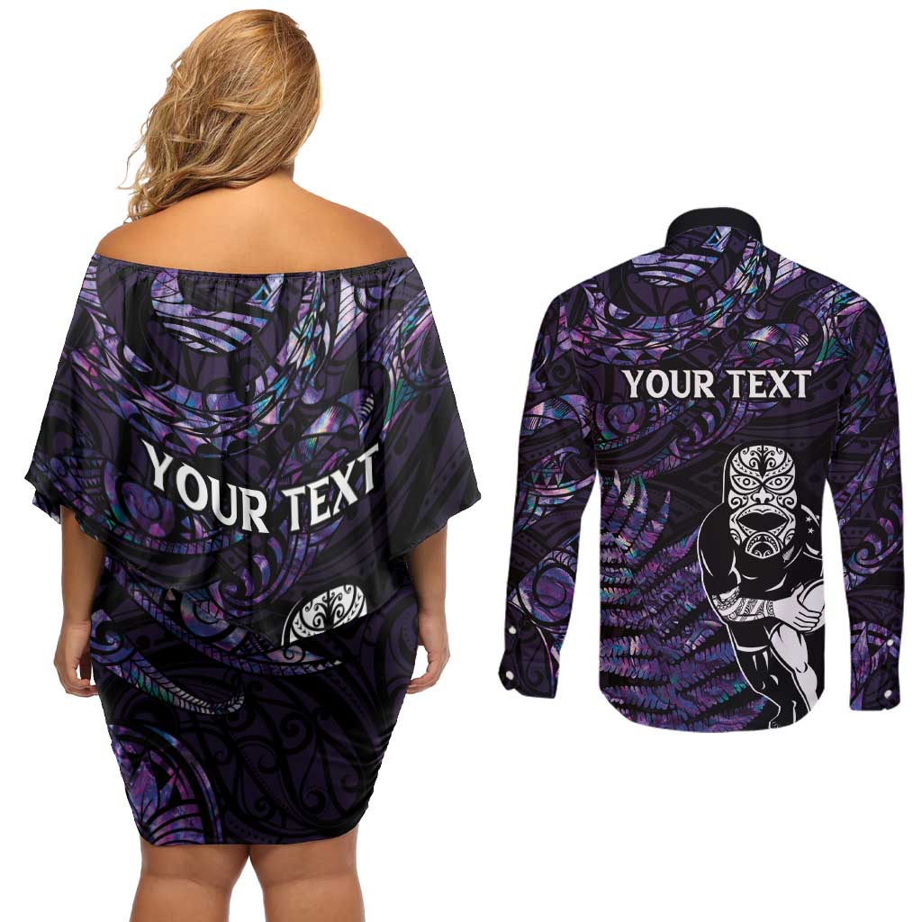 New Zealand Maori Rugby Personalised Couples Matching Off Shoulder Short Dress and Long Sleeve Button Shirt Ta Moko Silver Fern - Paua Purple LT7 - Polynesian Pride