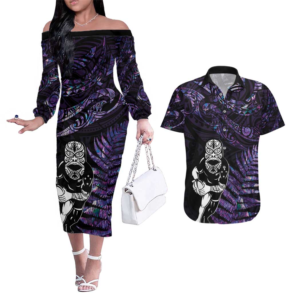 New Zealand Maori Rugby Personalised Couples Matching Off The Shoulder Long Sleeve Dress and Hawaiian Shirt Ta Moko Silver Fern - Paua Purple LT7 Purple - Polynesian Pride