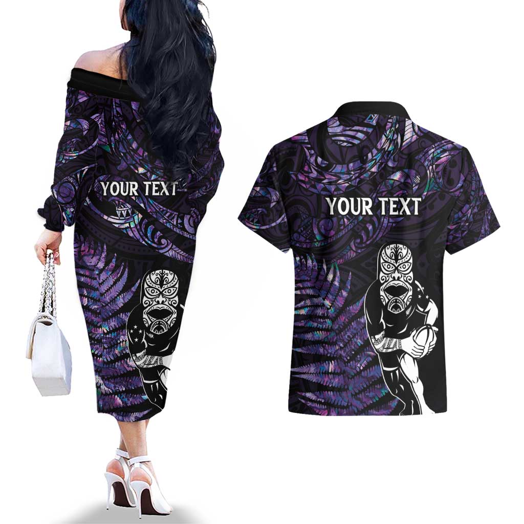 New Zealand Maori Rugby Personalised Couples Matching Off The Shoulder Long Sleeve Dress and Hawaiian Shirt Ta Moko Silver Fern - Paua Purple LT7 - Polynesian Pride