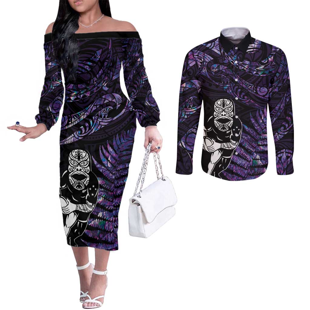 New Zealand Maori Rugby Personalised Couples Matching Off The Shoulder Long Sleeve Dress and Long Sleeve Button Shirt Ta Moko Silver Fern - Paua Purple LT7 Purple - Polynesian Pride