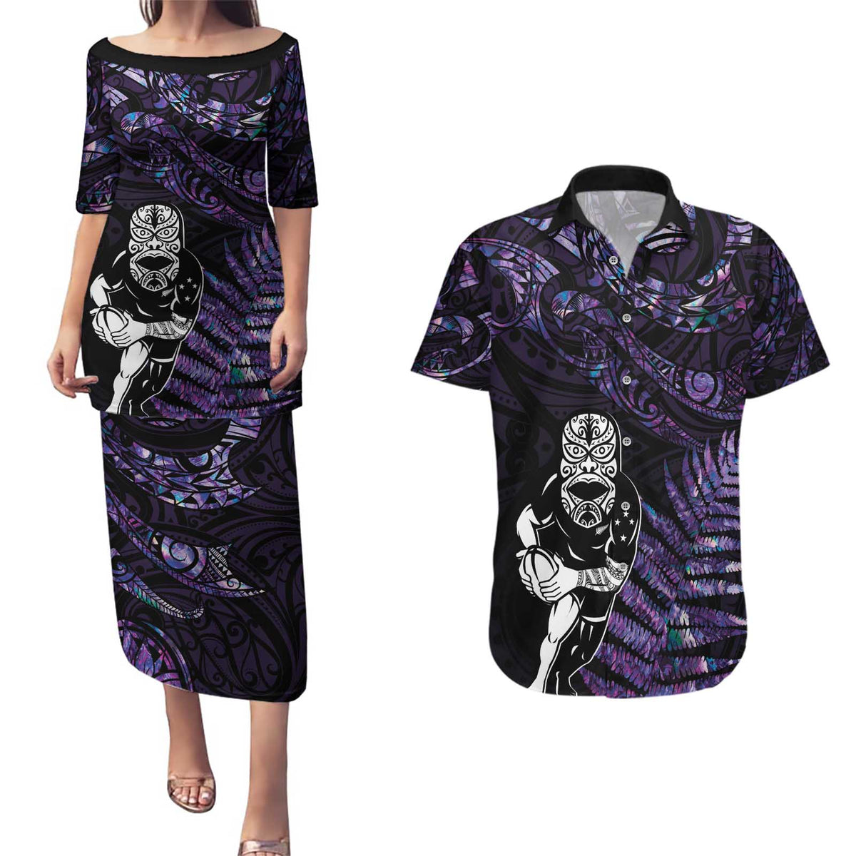 New Zealand Maori Rugby Personalised Couples Matching Puletasi and Hawaiian Shirt Ta Moko Silver Fern - Paua Purple LT7 Purple - Polynesian Pride
