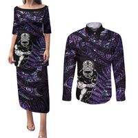 New Zealand Maori Rugby Personalised Couples Matching Puletasi and Long Sleeve Button Shirt Ta Moko Silver Fern - Paua Purple LT7 Purple - Polynesian Pride