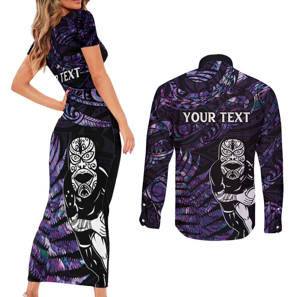 New Zealand Maori Rugby Personalised Couples Matching Short Sleeve Bodycon Dress and Long Sleeve Button Shirt Ta Moko Silver Fern - Paua Purple LT7 - Polynesian Pride