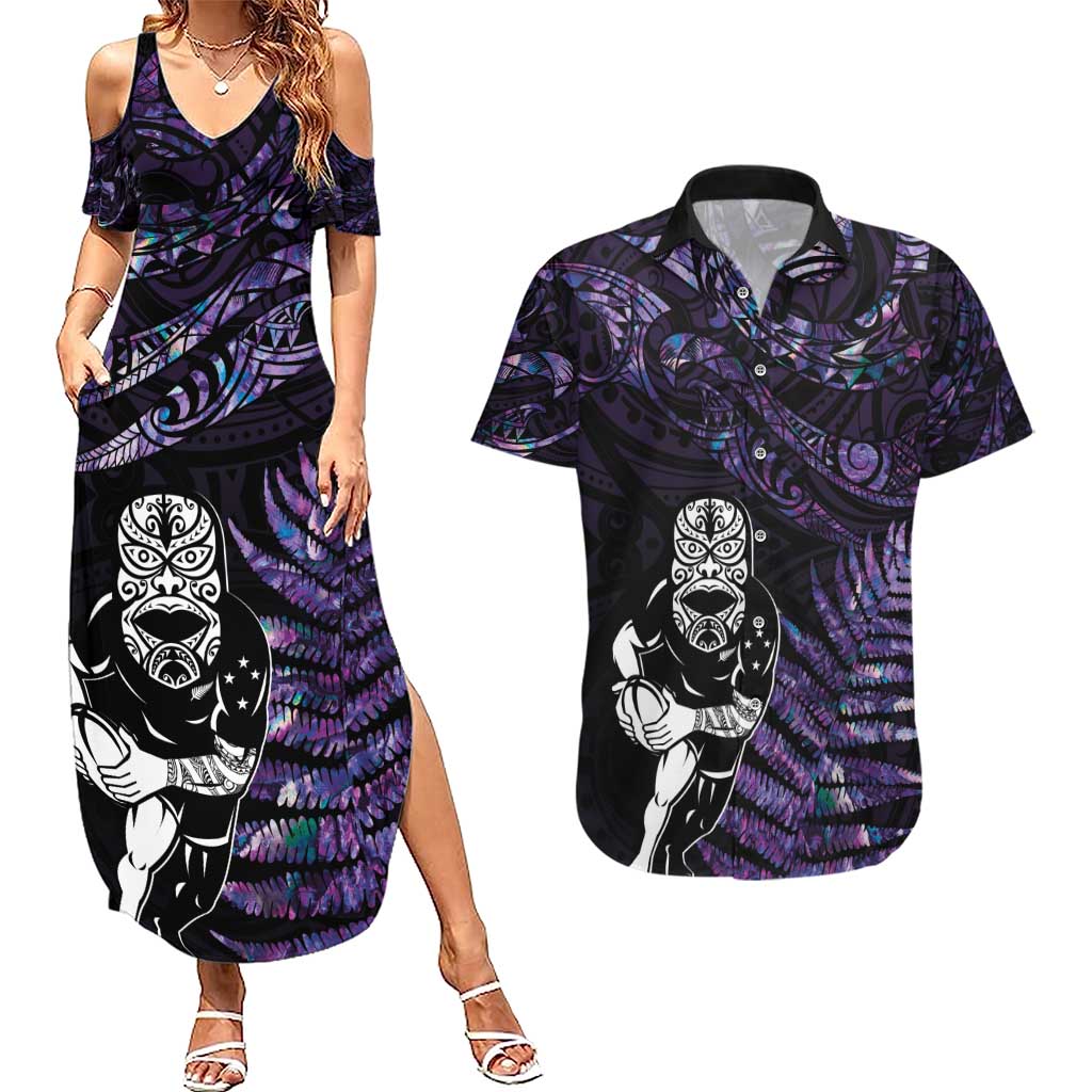New Zealand Maori Rugby Personalised Couples Matching Summer Maxi Dress and Hawaiian Shirt Ta Moko Silver Fern - Paua Purple LT7 Purple - Polynesian Pride