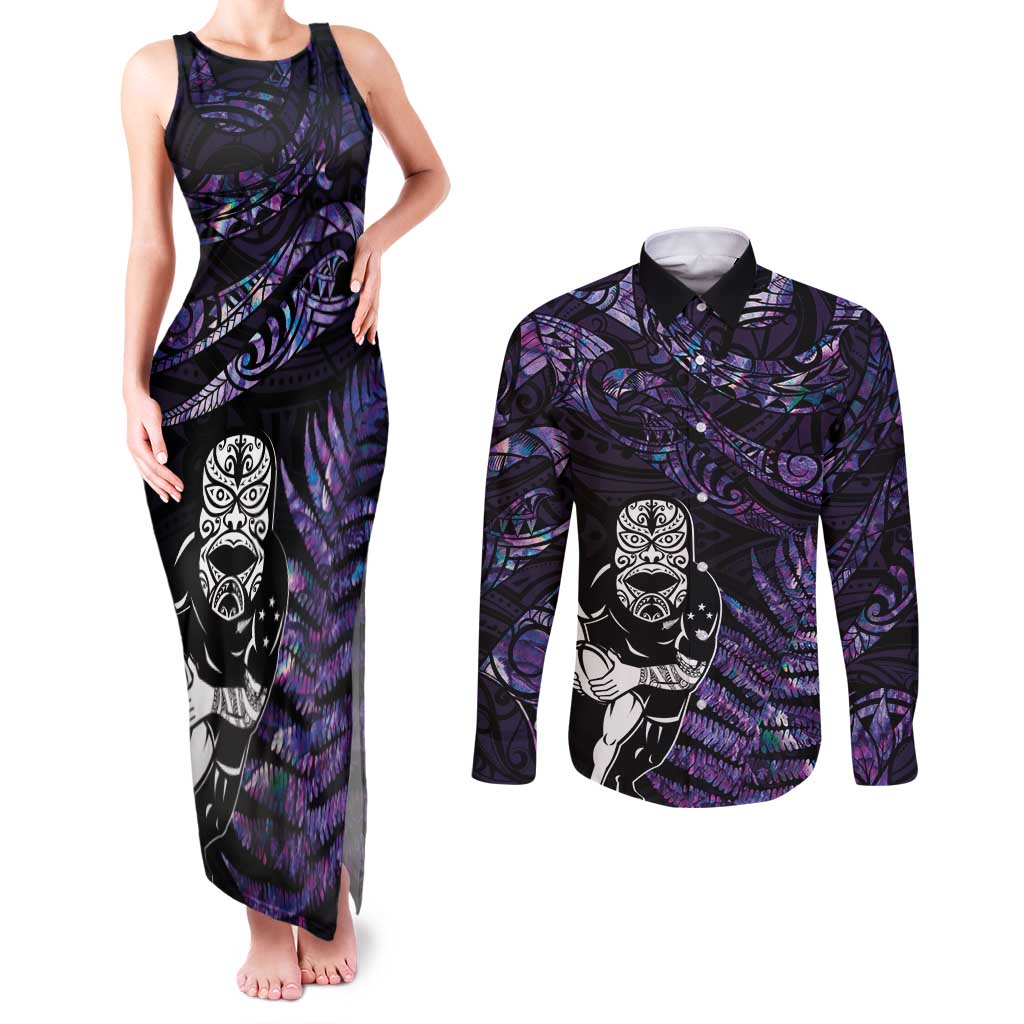 New Zealand Maori Rugby Personalised Couples Matching Tank Maxi Dress and Long Sleeve Button Shirt Ta Moko Silver Fern - Paua Purple LT7 Purple - Polynesian Pride