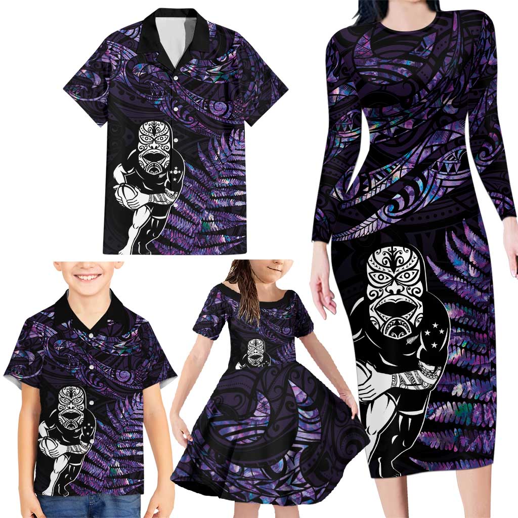New Zealand Maori Rugby Personalised Family Matching Long Sleeve Bodycon Dress and Hawaiian Shirt Ta Moko Silver Fern - Paua Purple LT7 - Polynesian Pride