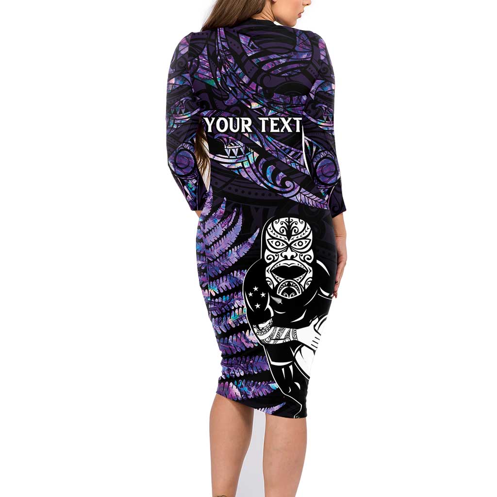 New Zealand Maori Rugby Personalised Family Matching Long Sleeve Bodycon Dress and Hawaiian Shirt Ta Moko Silver Fern - Paua Purple LT7 - Polynesian Pride