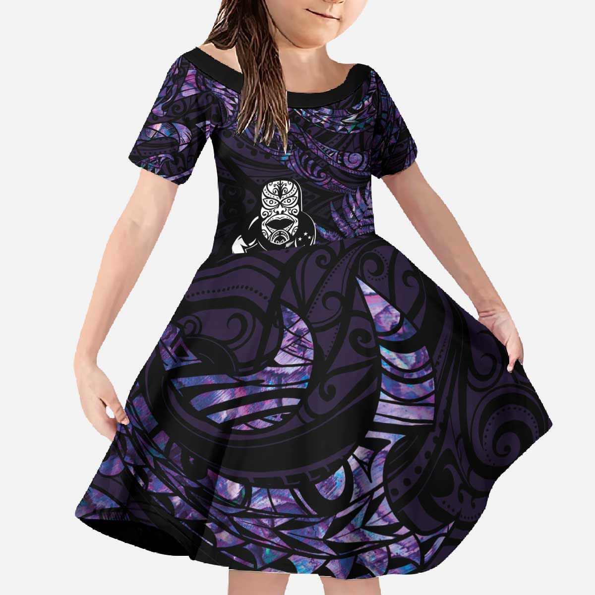 New Zealand Maori Rugby Personalised Family Matching Off The Shoulder Long Sleeve Dress and Hawaiian Shirt Ta Moko Silver Fern - Paua Purple LT7 Daughter's Dress Purple - Polynesian Pride