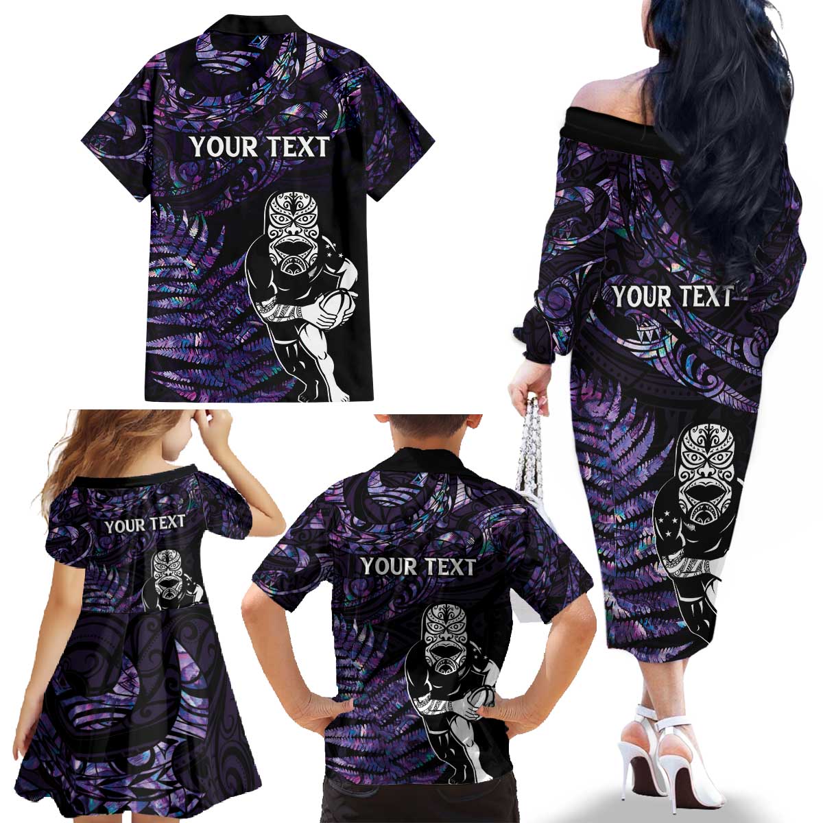 New Zealand Maori Rugby Personalised Family Matching Off The Shoulder Long Sleeve Dress and Hawaiian Shirt Ta Moko Silver Fern - Paua Purple LT7 - Polynesian Pride