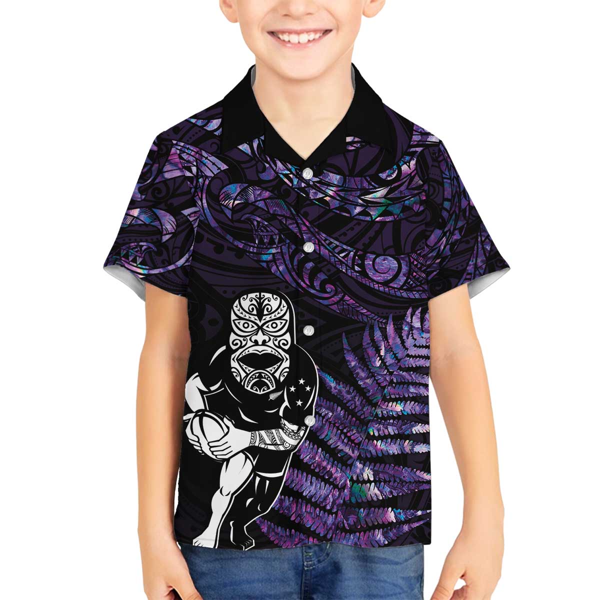 New Zealand Maori Rugby Personalised Family Matching Off The Shoulder Long Sleeve Dress and Hawaiian Shirt Ta Moko Silver Fern - Paua Purple LT7 Son's Shirt Purple - Polynesian Pride