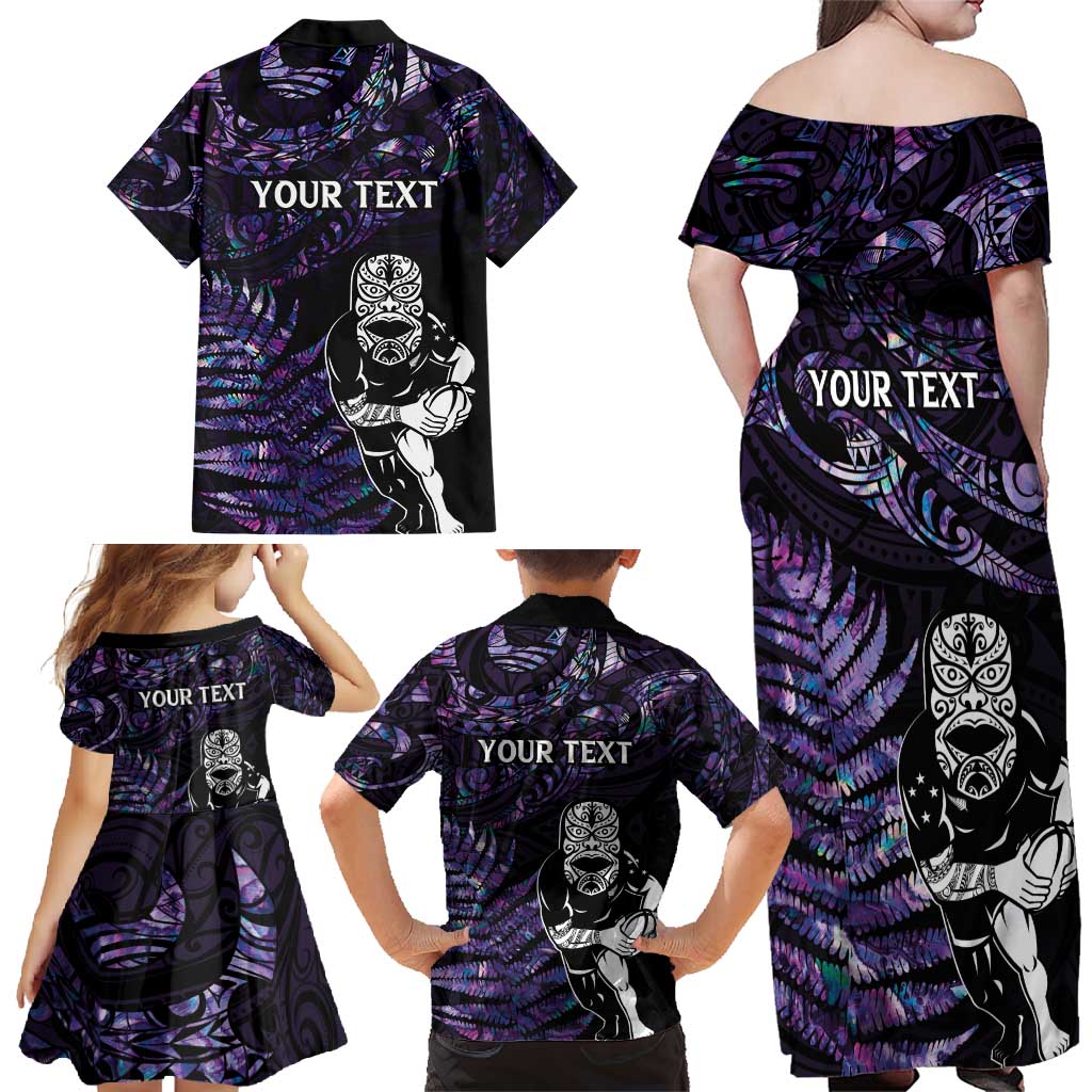 New Zealand Maori Rugby Personalised Family Matching Off Shoulder Maxi Dress and Hawaiian Shirt Ta Moko Silver Fern - Paua Purple LT7 - Polynesian Pride