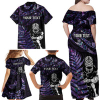 New Zealand Maori Rugby Personalised Family Matching Off Shoulder Maxi Dress and Hawaiian Shirt Ta Moko Silver Fern - Paua Purple LT7 - Polynesian Pride