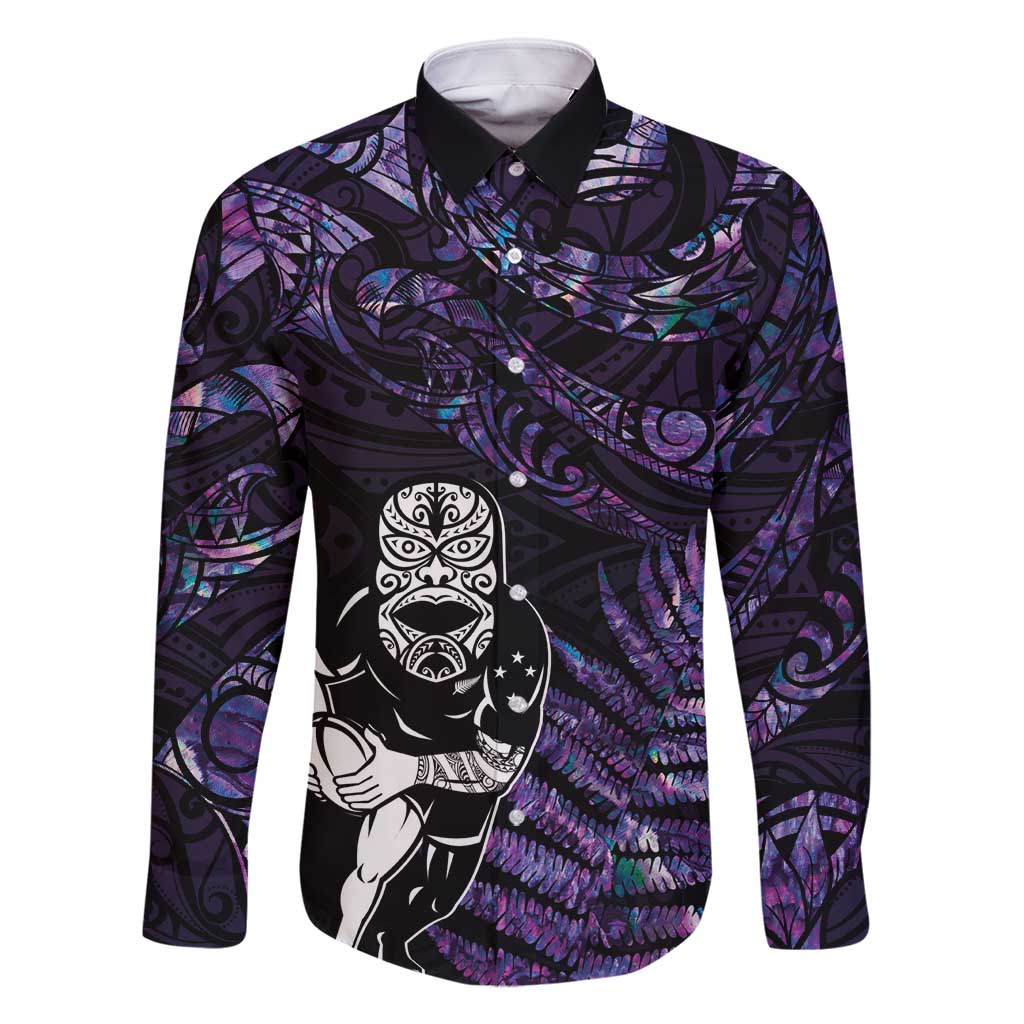 New Zealand Maori Rugby Personalised Family Matching Off Shoulder Maxi Dress and Hawaiian Shirt Ta Moko Silver Fern - Paua Purple LT7 Dad's Shirt - Long Sleeve Purple - Polynesian Pride