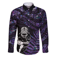 New Zealand Maori Rugby Personalised Family Matching Off Shoulder Maxi Dress and Hawaiian Shirt Ta Moko Silver Fern - Paua Purple LT7 Dad's Shirt - Long Sleeve Purple - Polynesian Pride