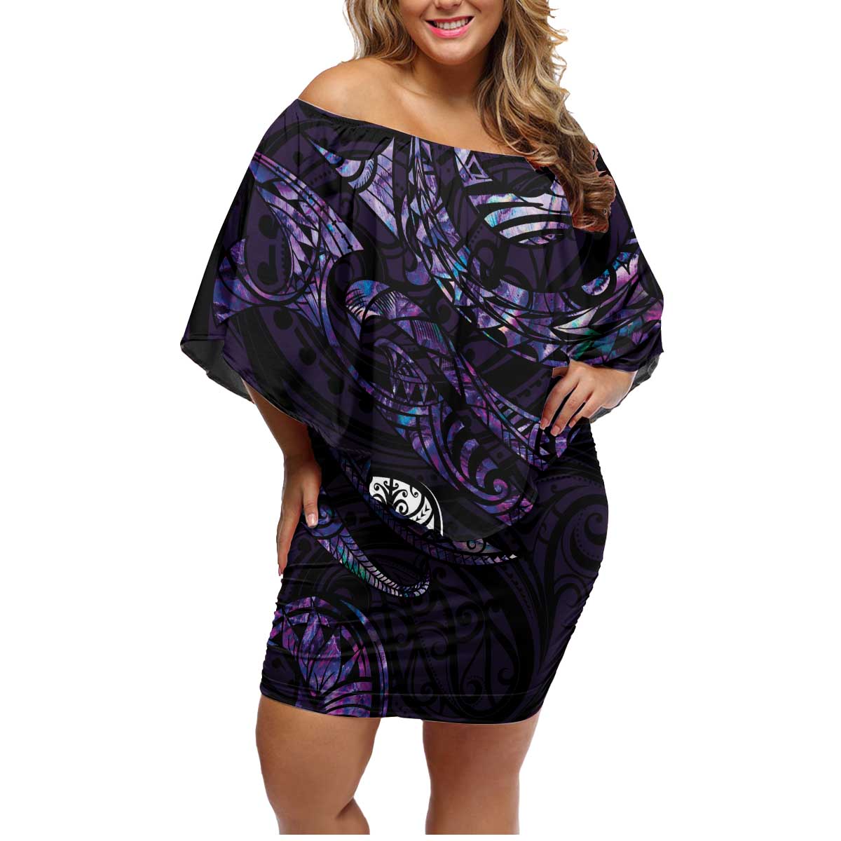 New Zealand Maori Rugby Personalised Family Matching Off Shoulder Short Dress and Hawaiian Shirt Ta Moko Silver Fern - Paua Purple LT7 Mom's Dress Purple - Polynesian Pride