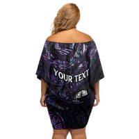 New Zealand Maori Rugby Personalised Family Matching Off Shoulder Short Dress and Hawaiian Shirt Ta Moko Silver Fern - Paua Purple LT7 - Polynesian Pride