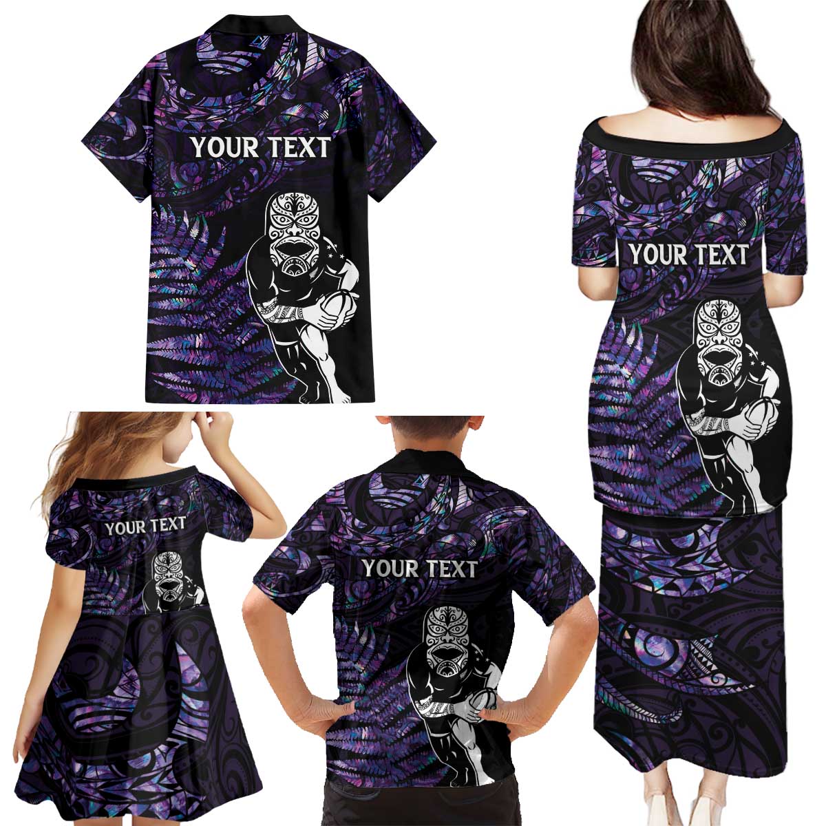 New Zealand Maori Rugby Personalised Family Matching Puletasi and Hawaiian Shirt Ta Moko Silver Fern - Paua Purple LT7 - Polynesian Pride
