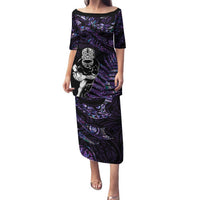 New Zealand Maori Rugby Personalised Family Matching Puletasi and Hawaiian Shirt Ta Moko Silver Fern - Paua Purple LT7 Mom's Dress Purple - Polynesian Pride