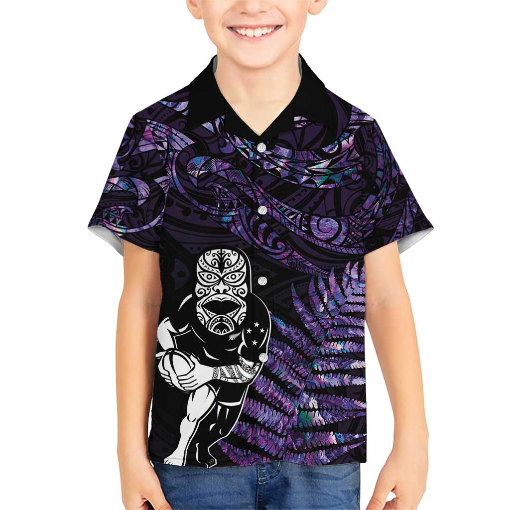 New Zealand Maori Rugby Personalised Family Matching Short Sleeve Bodycon Dress and Hawaiian Shirt Ta Moko Silver Fern - Paua Purple LT7 Son's Shirt Purple - Polynesian Pride
