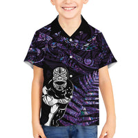 New Zealand Maori Rugby Personalised Family Matching Short Sleeve Bodycon Dress and Hawaiian Shirt Ta Moko Silver Fern - Paua Purple LT7 Son's Shirt Purple - Polynesian Pride