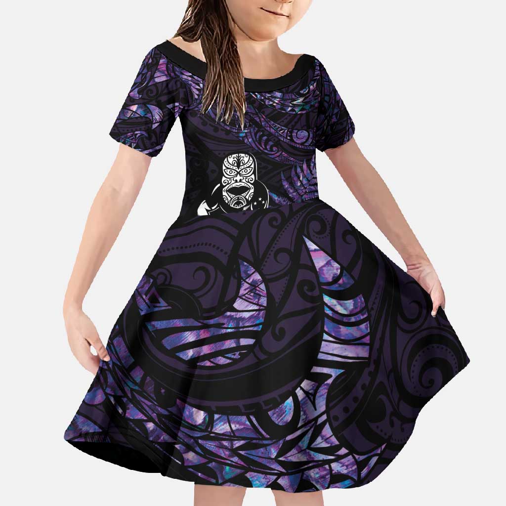 New Zealand Maori Rugby Personalised Family Matching Tank Maxi Dress and Hawaiian Shirt Ta Moko Silver Fern - Paua Purple LT7 Daughter's Dress Purple - Polynesian Pride