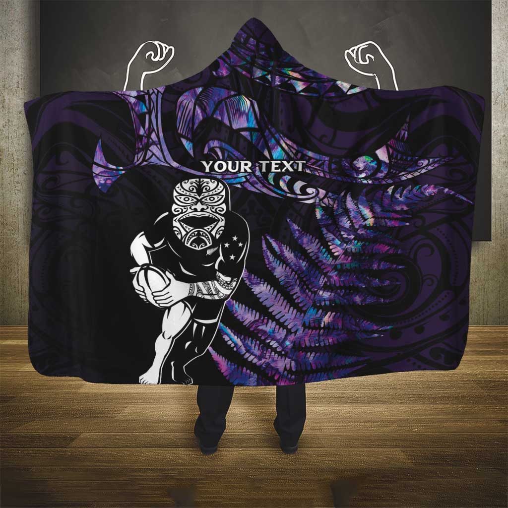 New Zealand Maori Rugby Personalised Hooded Blanket Ta Moko Silver Fern - Paua Purple LT7 - Polynesian Pride