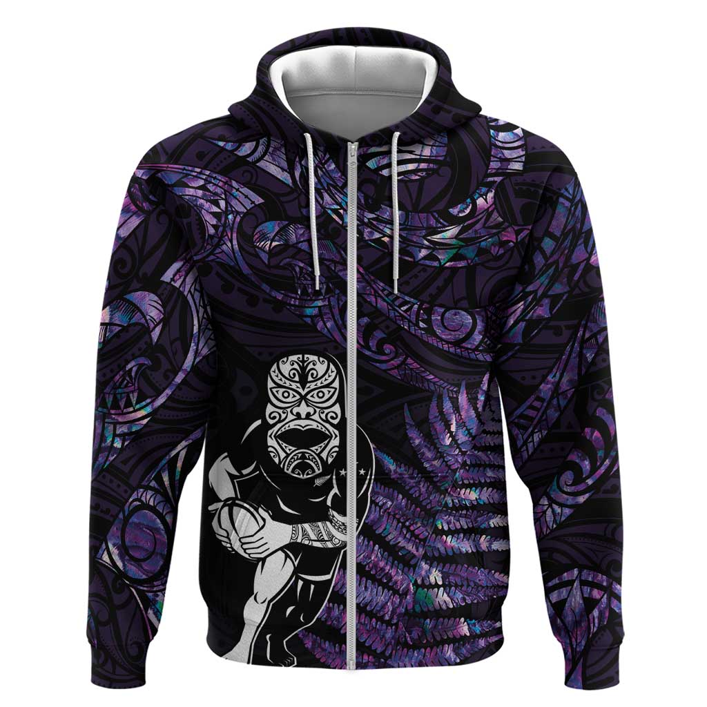 New Zealand Maori Rugby Personalised Hoodie Ta Moko Silver Fern - Paua Purple LT7 Zip Hoodie Purple - Polynesian Pride
