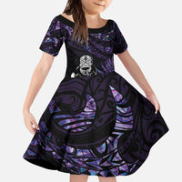 New Zealand Maori Rugby Personalised Kid Short Sleeve Dress Ta Moko Silver Fern - Paua Purple LT7 KID Purple - Polynesian Pride