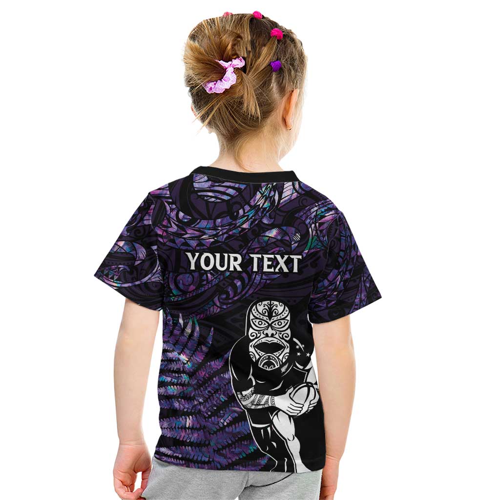 New Zealand Maori Rugby Personalised Kid T Shirt Ta Moko Silver Fern - Paua Purple LT7 - Polynesian Pride