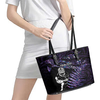 New Zealand Maori Rugby Personalised Leather Tote Bag Ta Moko Silver Fern - Paua Purple LT7 - Polynesian Pride