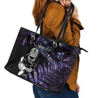 New Zealand Maori Rugby Personalised Leather Tote Bag Ta Moko Silver Fern - Paua Purple LT7 - Polynesian Pride