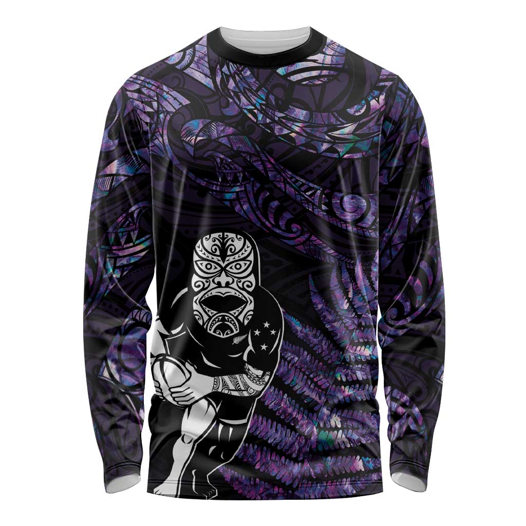 New Zealand Maori Rugby Personalised Long Sleeve Shirt Ta Moko Silver Fern - Paua Purple LT7 Unisex Purple - Polynesian Pride
