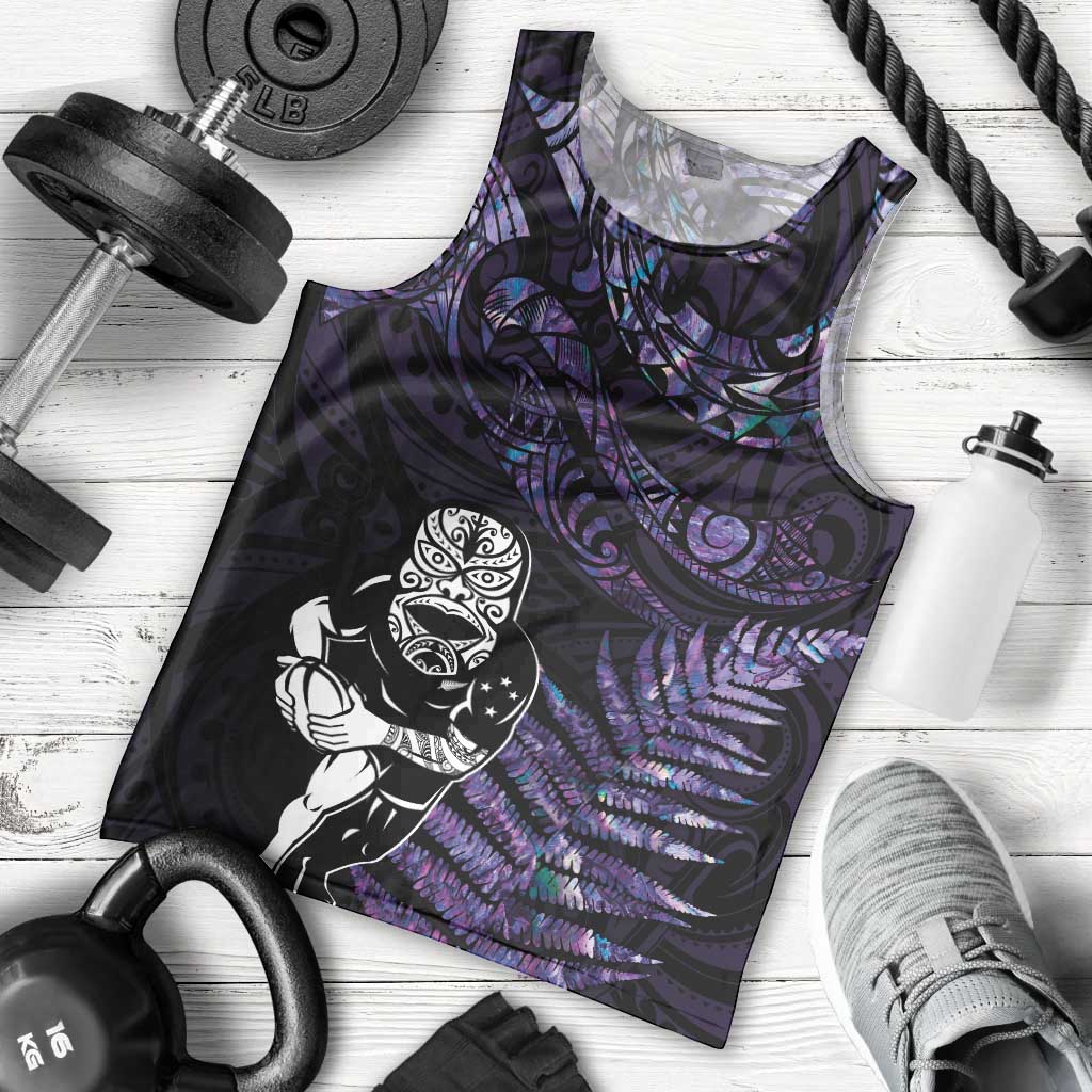 New Zealand Maori Rugby Personalised Men Tank Top Ta Moko Silver Fern - Paua Purple LT7 - Polynesian Pride