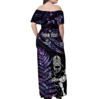New Zealand Maori Rugby Personalised Off Shoulder Maxi Dress Ta Moko Silver Fern - Paua Purple LT7 - Polynesian Pride
