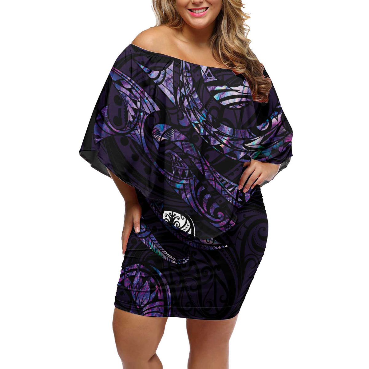 New Zealand Maori Rugby Personalised Off Shoulder Short Dress Ta Moko Silver Fern - Paua Purple LT7 Women Purple - Polynesian Pride