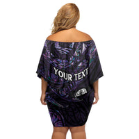 New Zealand Maori Rugby Personalised Off Shoulder Short Dress Ta Moko Silver Fern - Paua Purple LT7 - Polynesian Pride