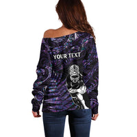 New Zealand Maori Rugby Personalised Off Shoulder Sweater Ta Moko Silver Fern - Paua Purple LT7 - Polynesian Pride