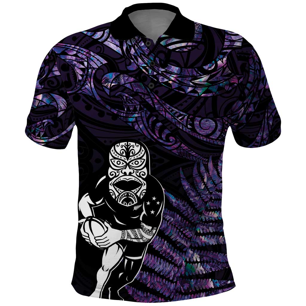 New Zealand Maori Rugby Personalised Polo Shirt Ta Moko Silver Fern - Paua Purple LT7 Purple - Polynesian Pride