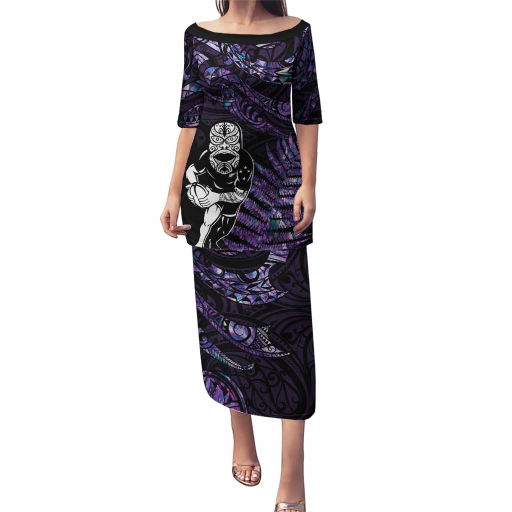 New Zealand Maori Rugby Personalised Puletasi Ta Moko Silver Fern - Paua Purple LT7 Long Dress Purple - Polynesian Pride