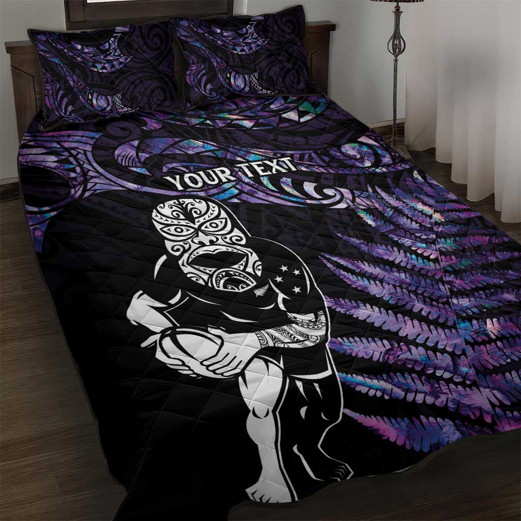 New Zealand Maori Rugby Personalised Quilt Bed Set Ta Moko Silver Fern - Paua Purple LT7 Purple - Polynesian Pride